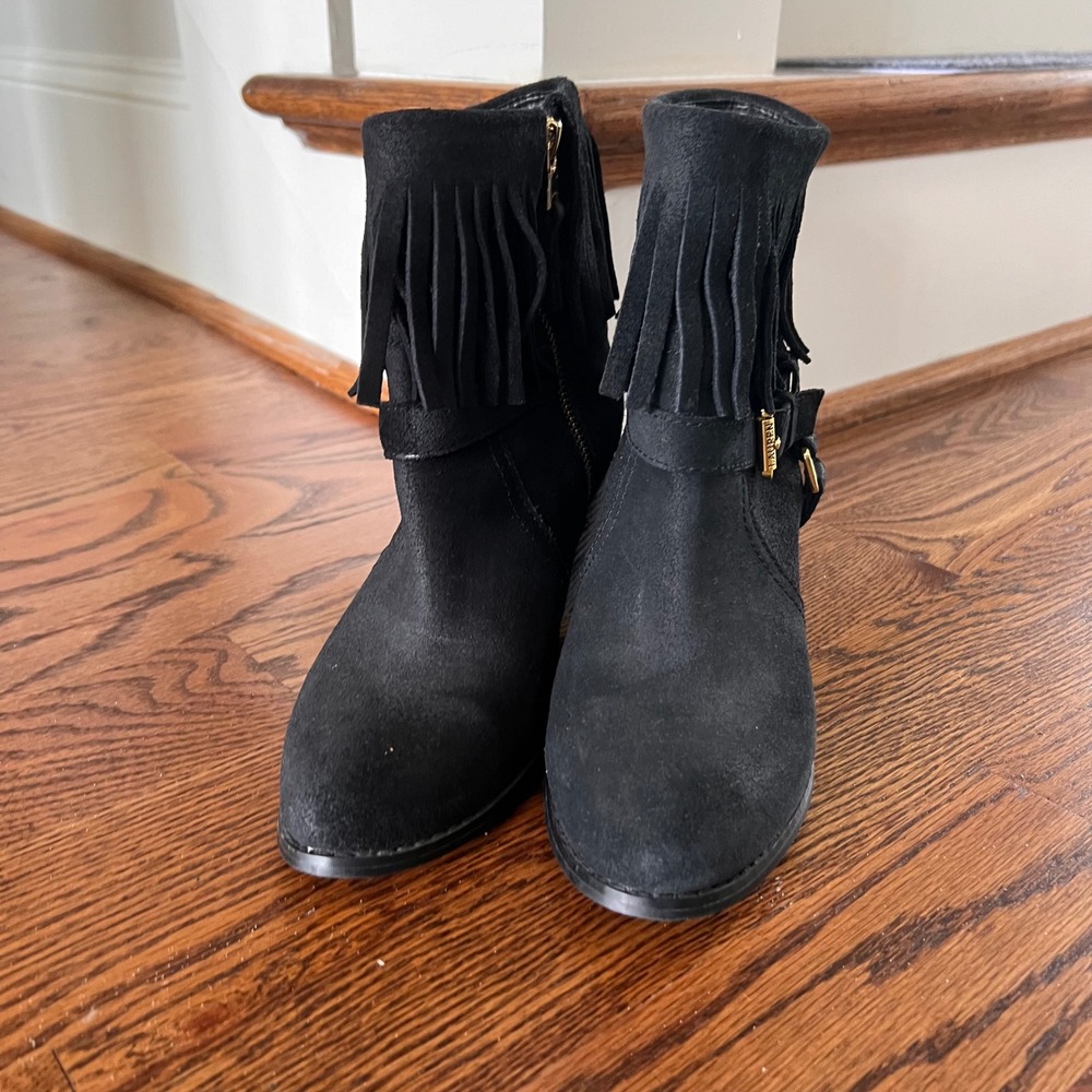 LRL Ralph Lauren Mara Black Suede Fringe Ankle Boots Gold Buckle 7.5B 11739 G14 - Picture 6 of 15